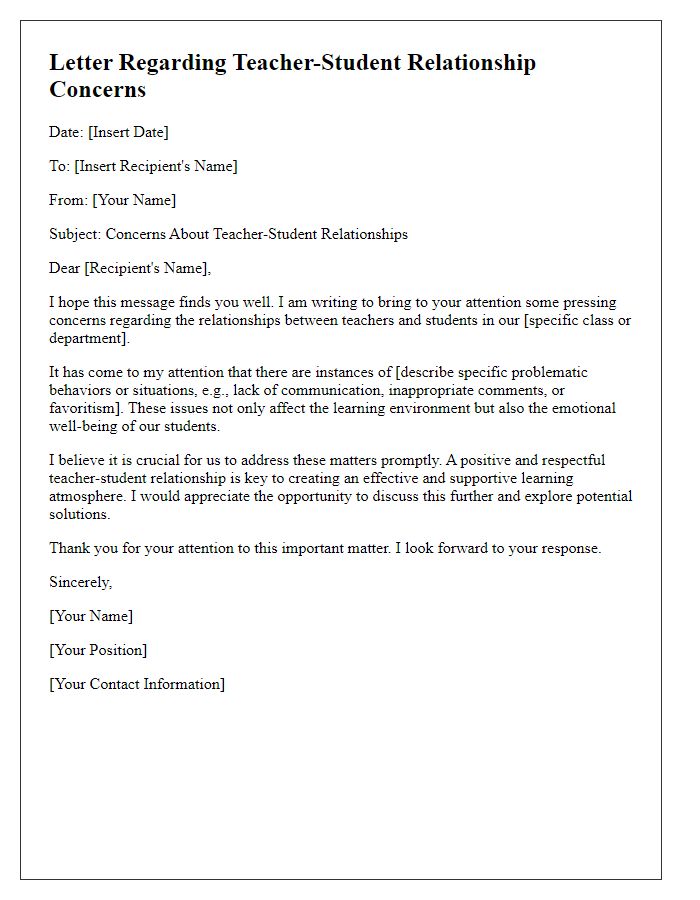 Letter template of highlighting problematic teacher-student relationships.