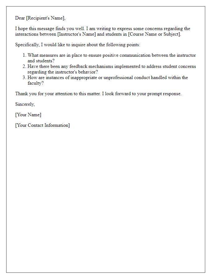 Letter template of raising questions about instructor interactions with students.