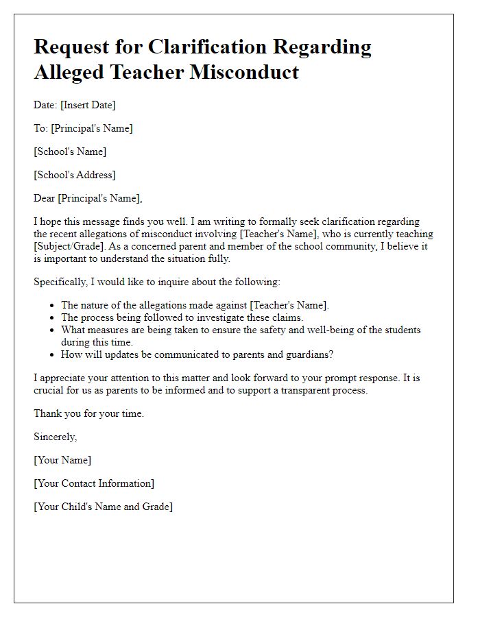 Letter template of seeking clarification on alleged teacher misconduct.