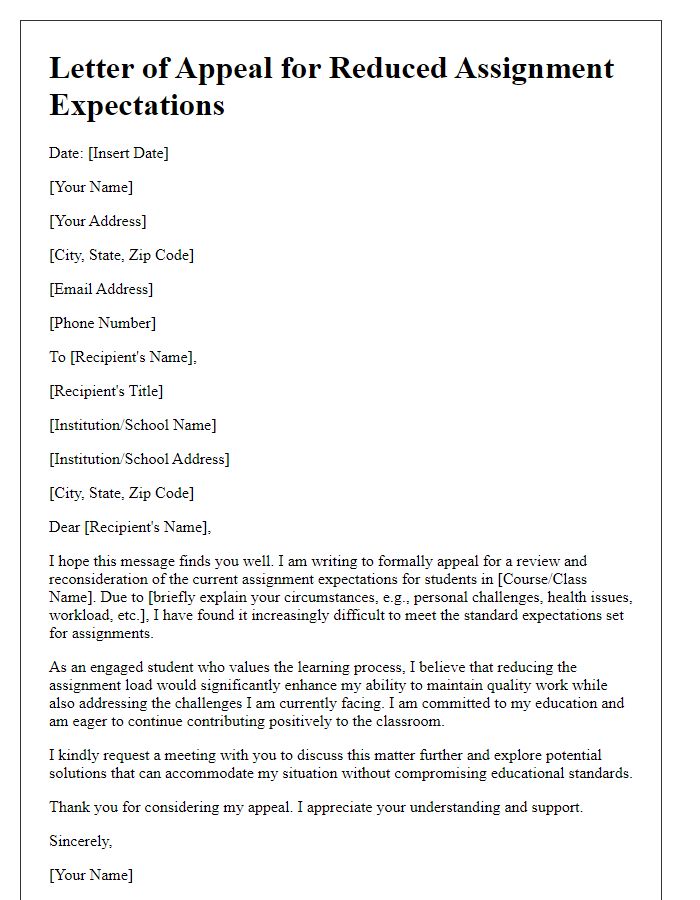 Letter template of appeal for reduced student assignment expectations.