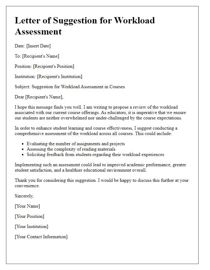 Letter template of suggestion for workload assessment in courses.