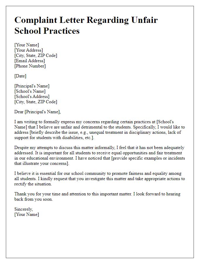 Letter template of complaint about unfair school practices