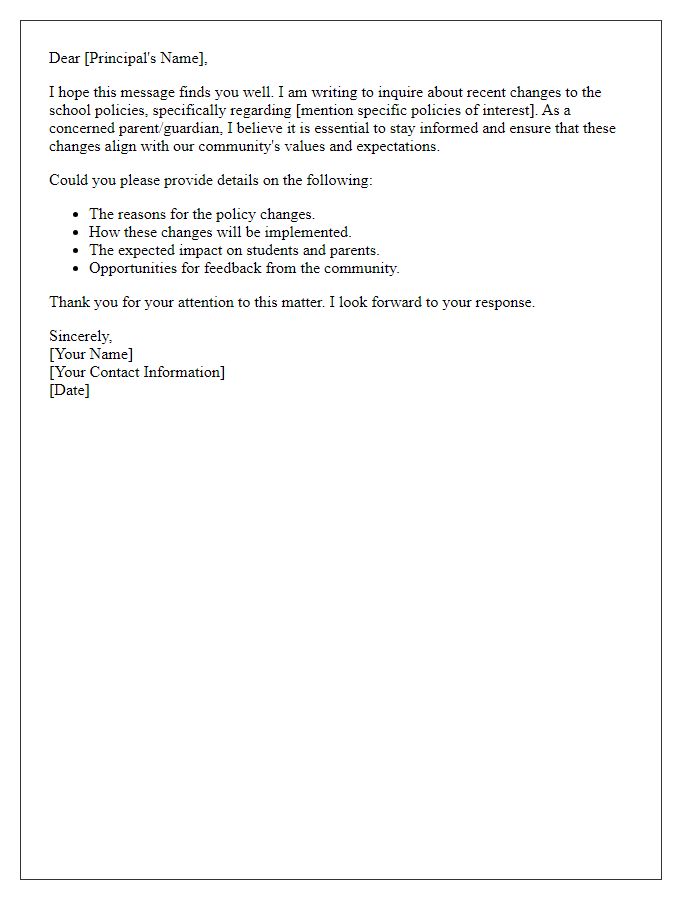 Letter template of inquiry about the school policy changes