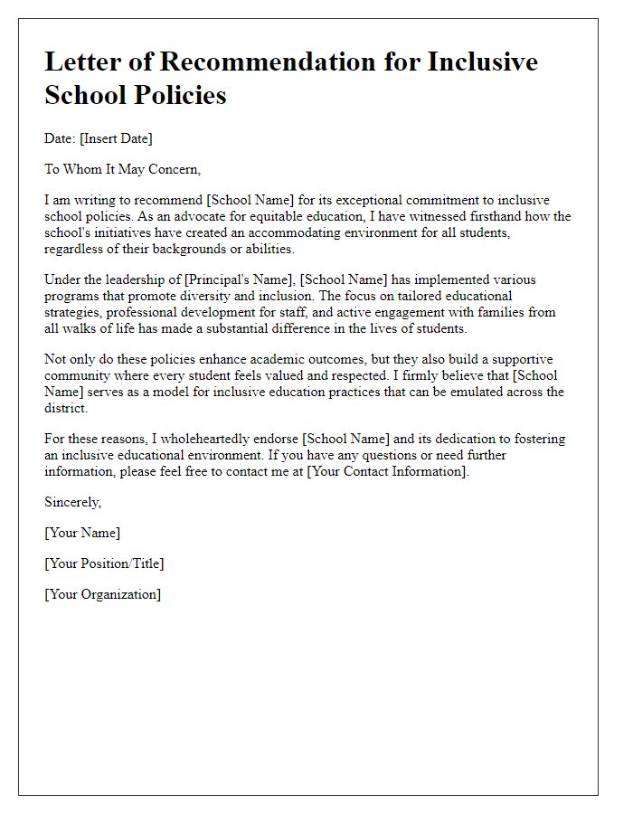 Letter template of recommendation for inclusive school policies