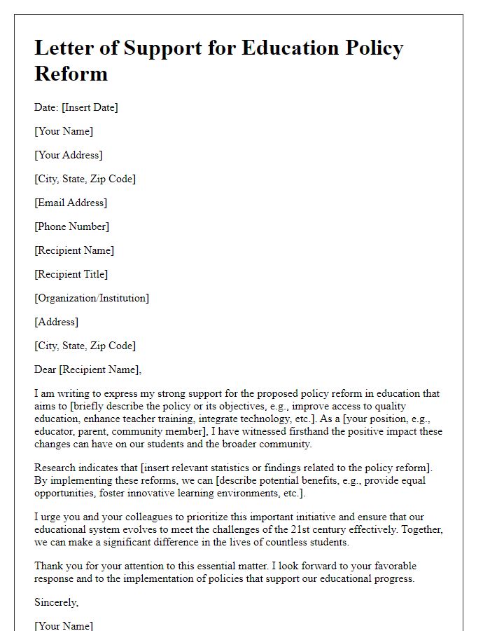 Letter template of support for policy reform in education