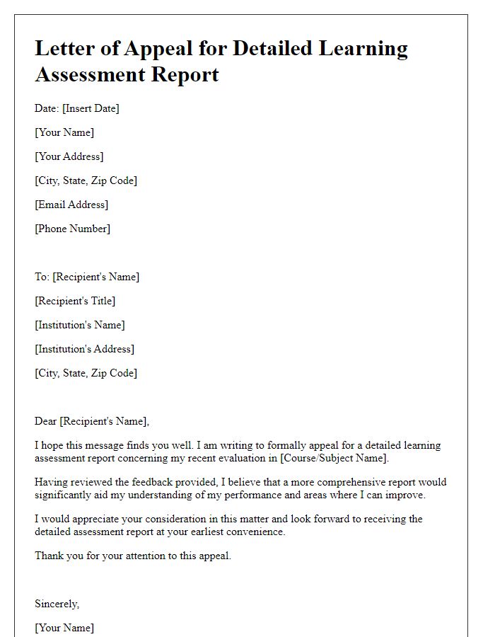 Letter template of appeal for a detailed learning assessment report.