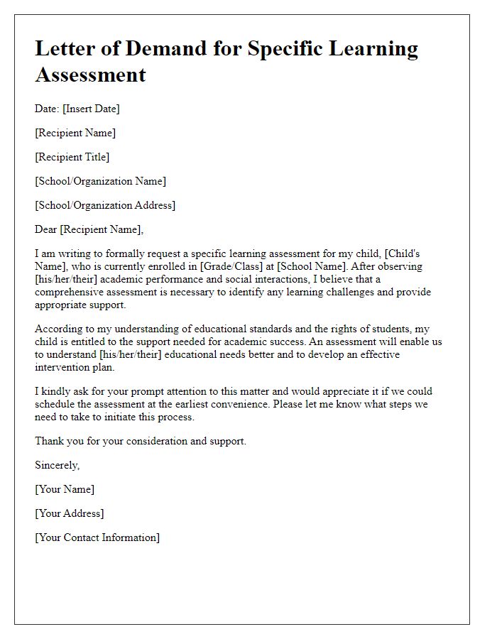 Letter template of demand for a specific learning assessment.