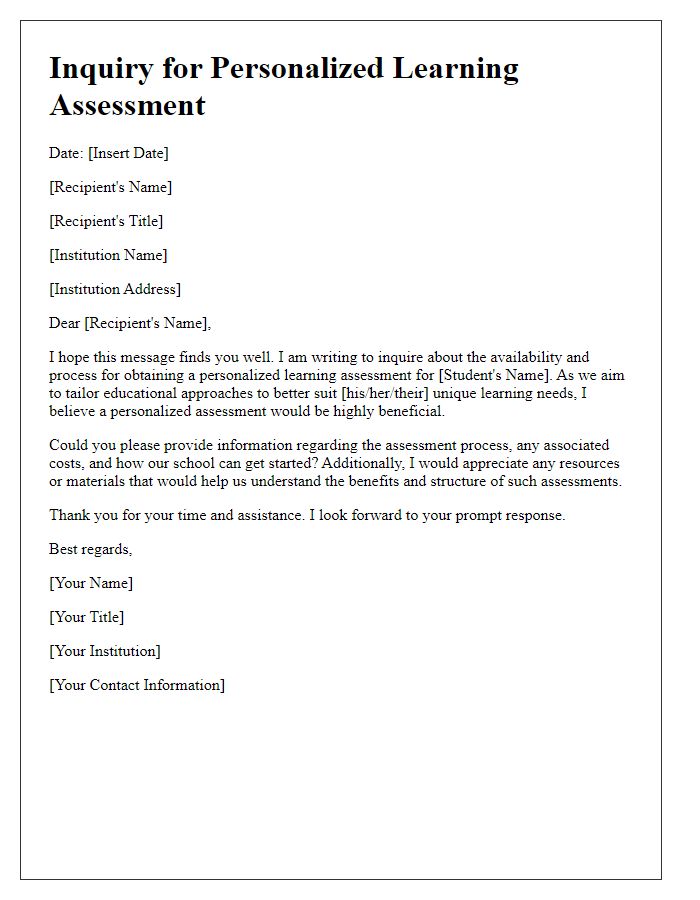 Letter template of inquiry for a personalized learning assessment.