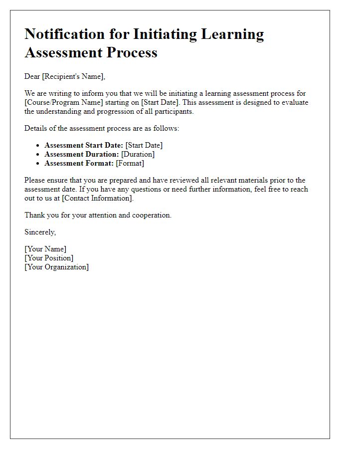 Letter template of notification for initiating a learning assessment process.