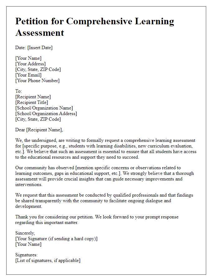 Letter template of petition for a comprehensive learning assessment.