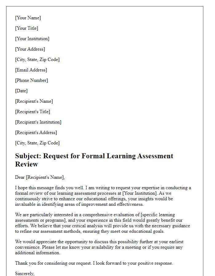 Letter template of solicitation for a formal learning assessment review.