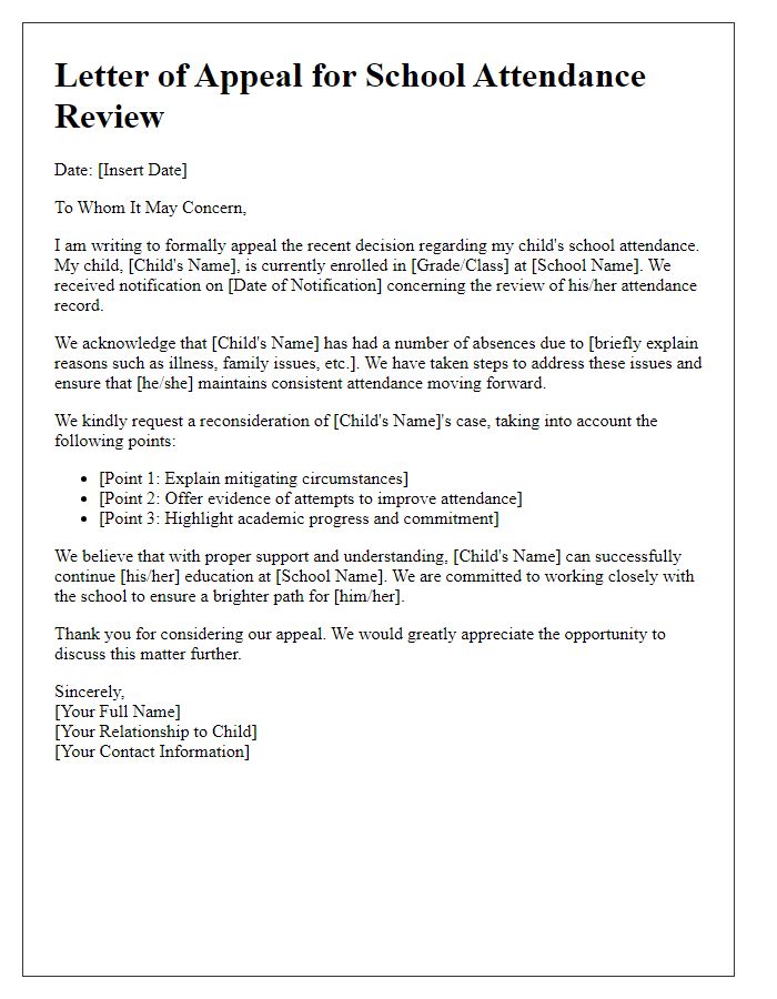 Letter template of appeal for school attendance review.