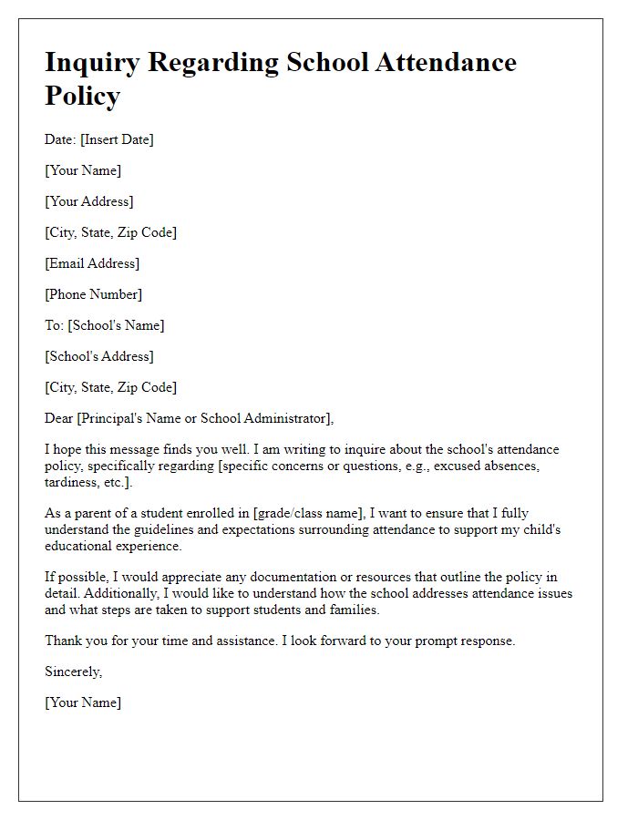 Letter template of inquiry regarding school attendance policy.