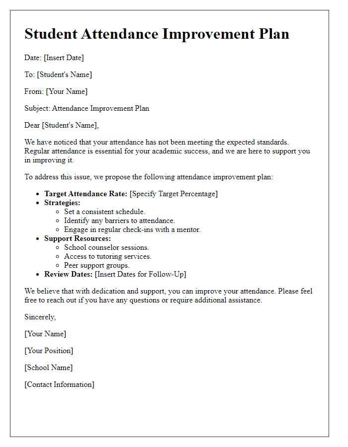 Letter template of student attendance improvement plan.