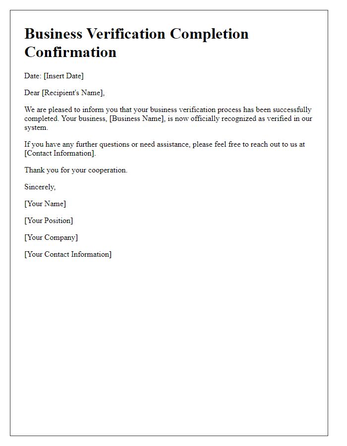 Letter template of business verification completion confirmation