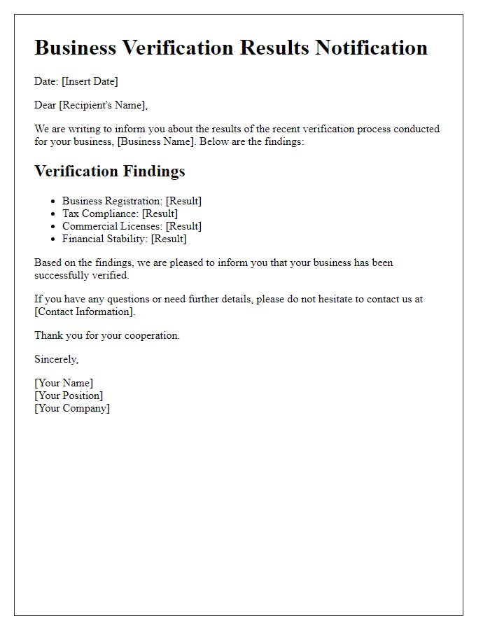 Letter template of business verification results notification