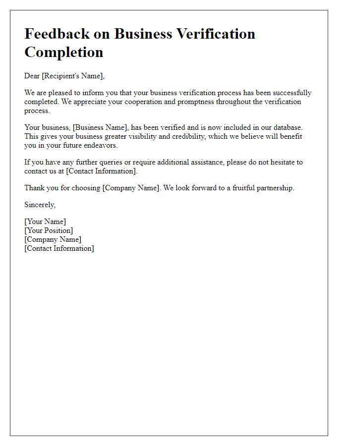 Letter template of feedback on business verification completion