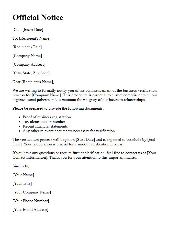 Letter template of official notice for business verification assurance