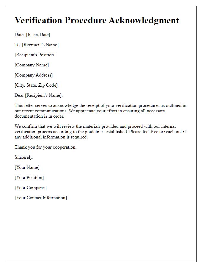 Letter template of verification procedure acknowledgment for business