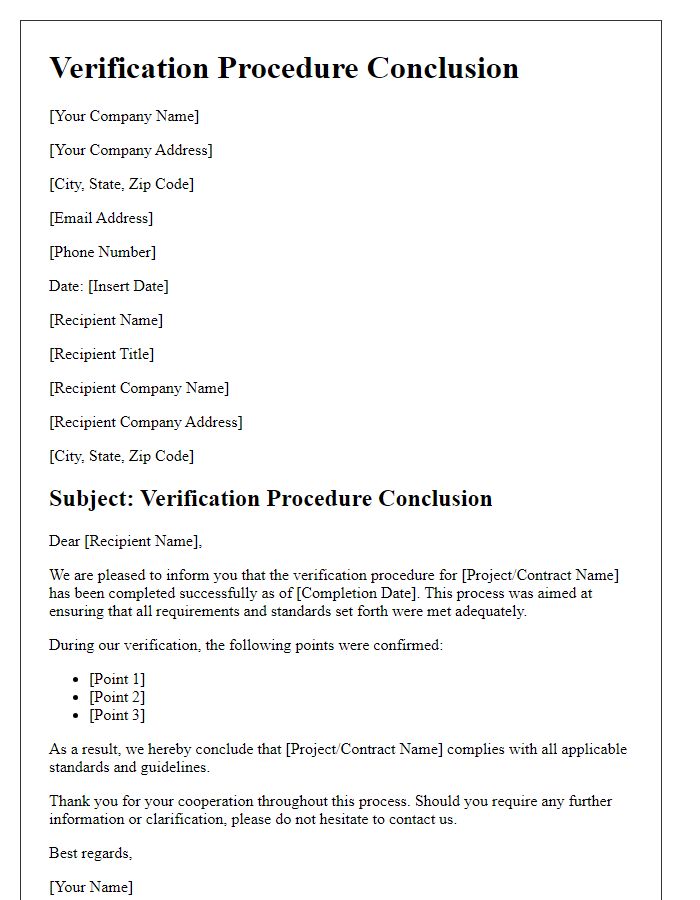 Letter template of verification procedure conclusion for business