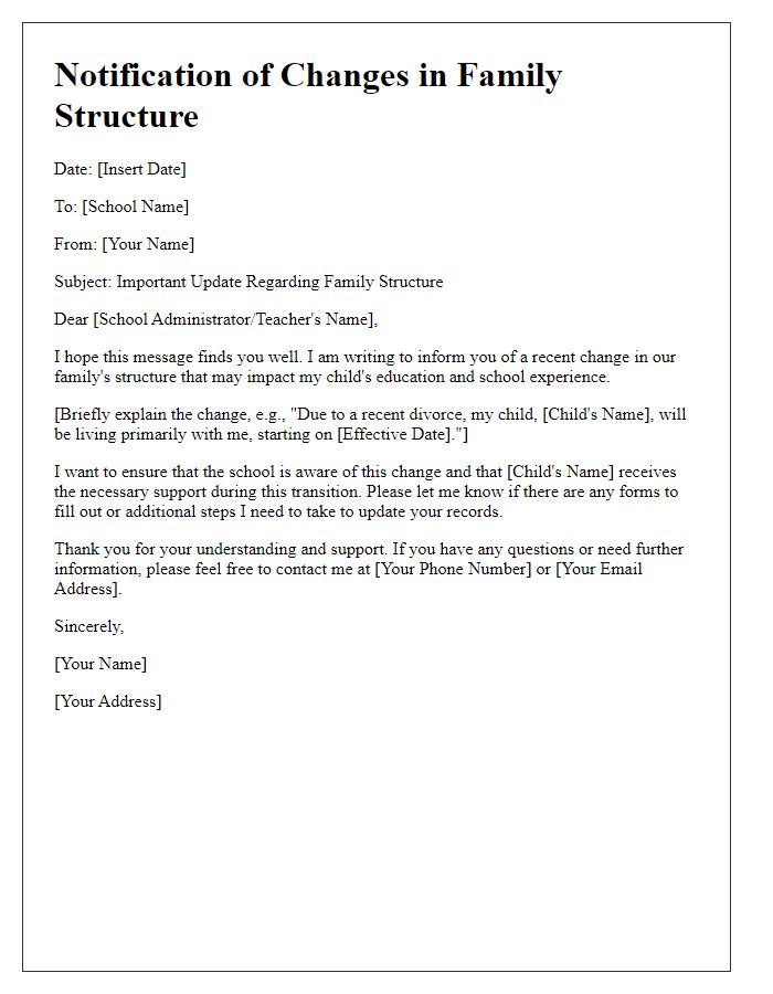 Letter template of notifying schools about changes in family structure.