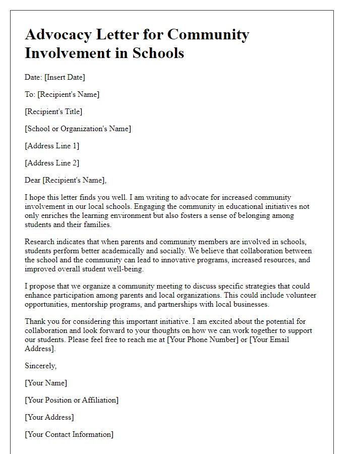 Letter template of advocacy for community involvement in schools.