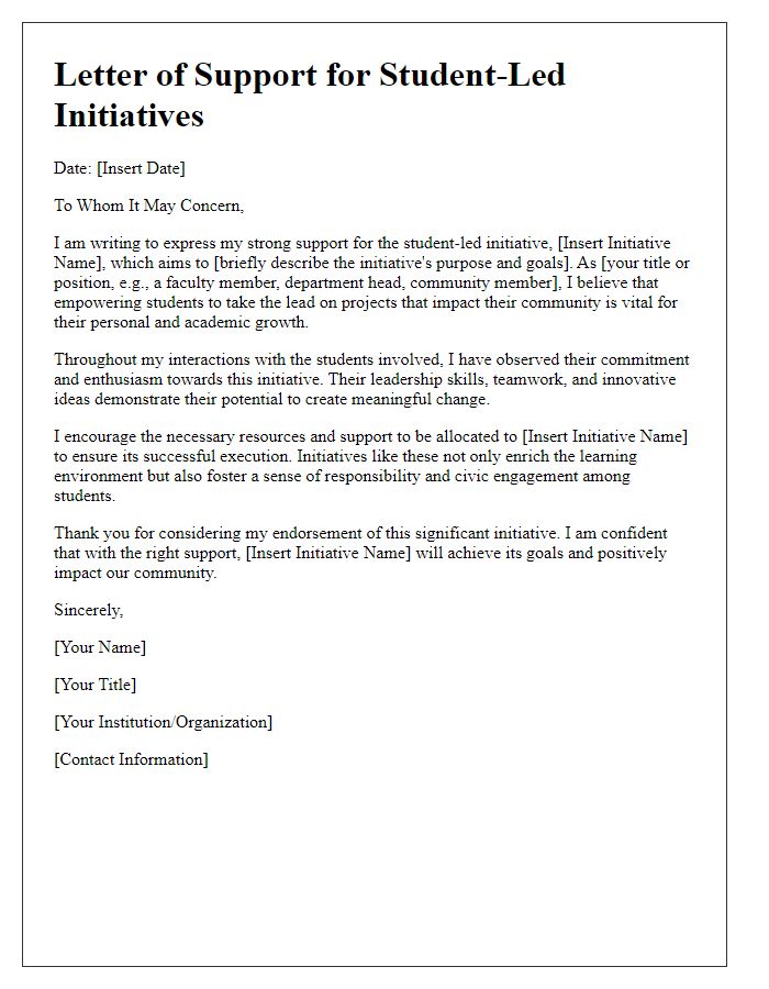 Letter template of backing for student-led initiatives.