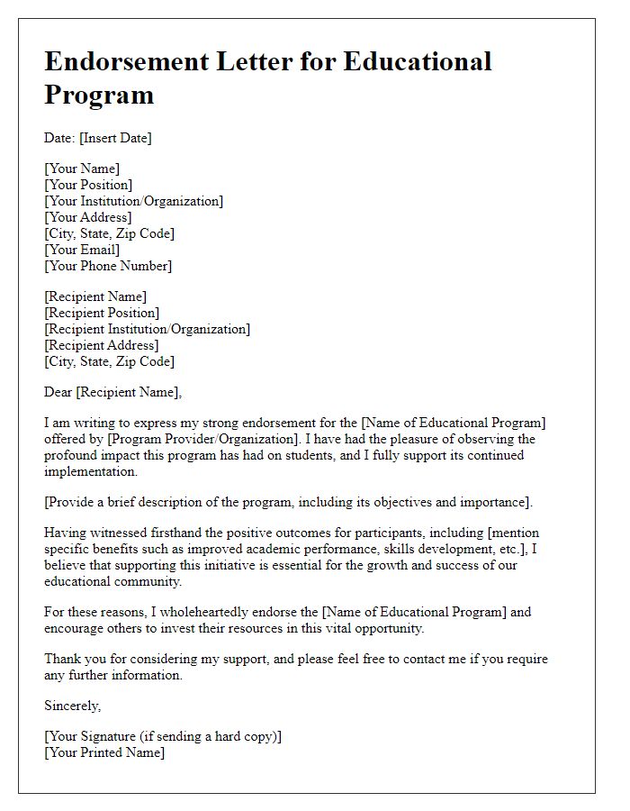 Letter template of endorsement for educational programs.