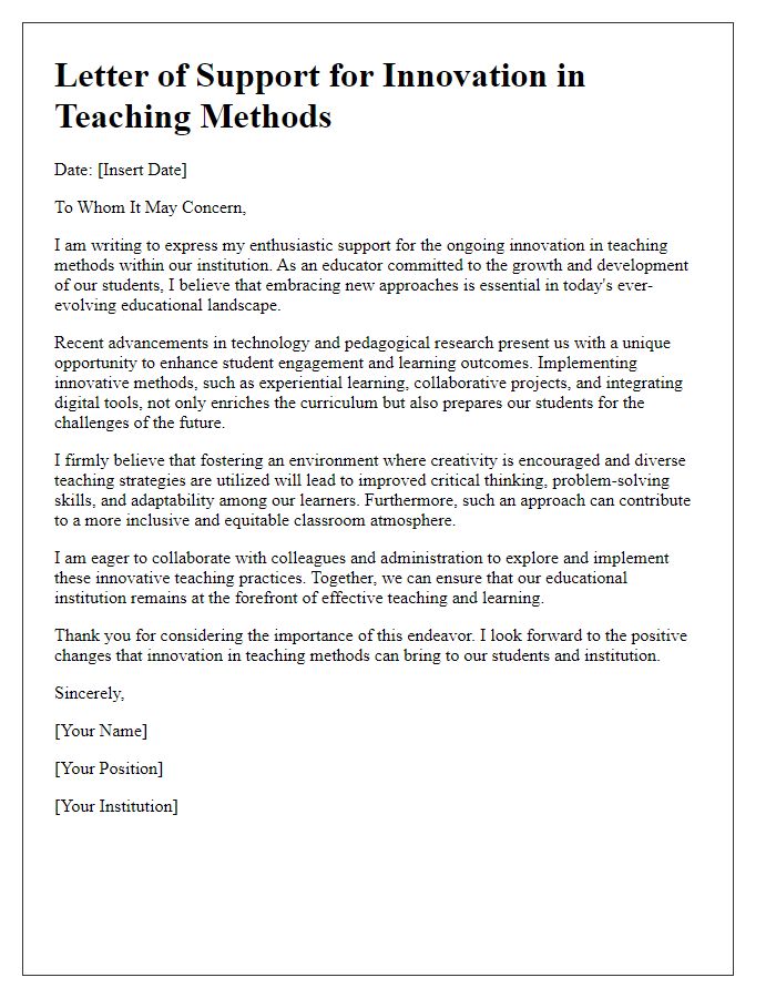 Letter template of support for innovation in teaching methods.