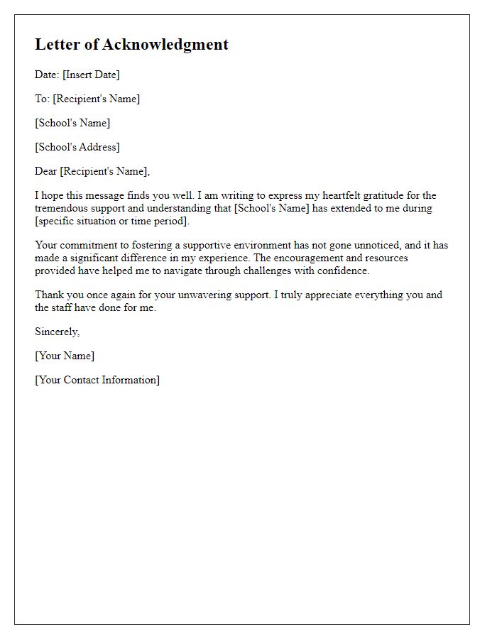 Letter template of acknowledgment for the school's support and understanding.