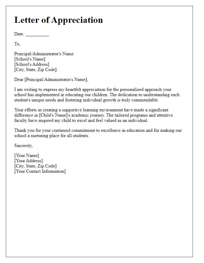 Letter template of appreciation for the personalized approach taken by the school.