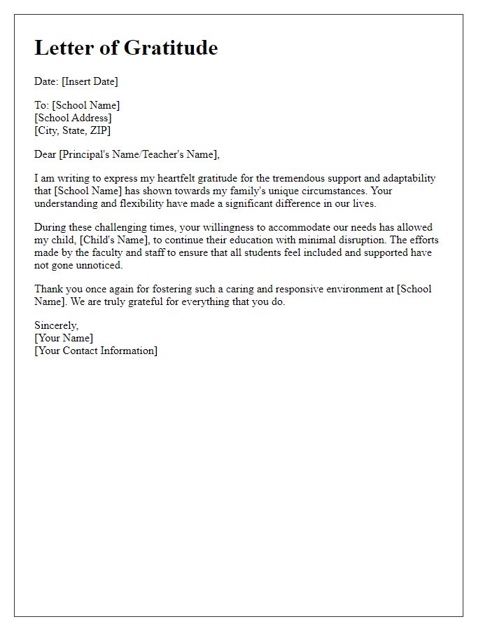 Letter template of gratitude for the school's adaptability to family circumstances.