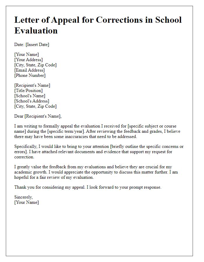 Letter template of appeal for corrections in school evaluation.