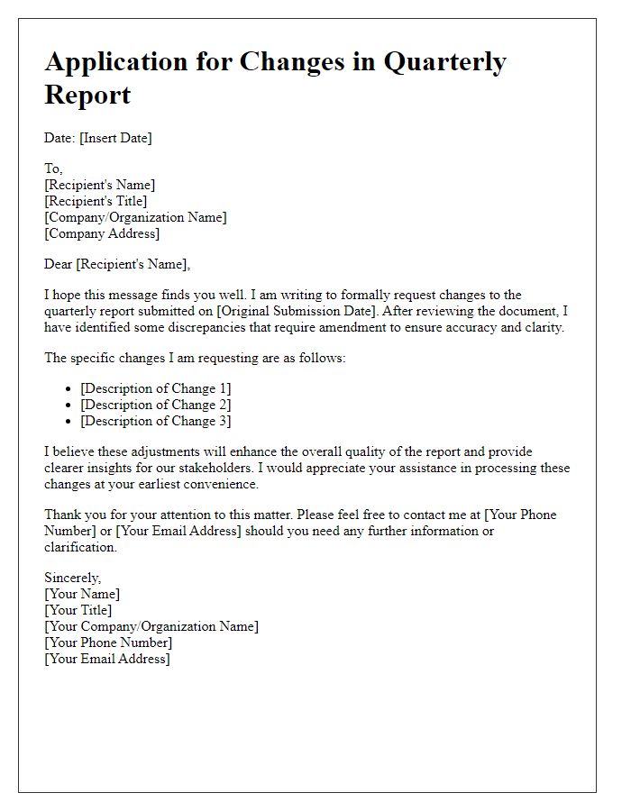 Letter template of application for changes in quarterly report.