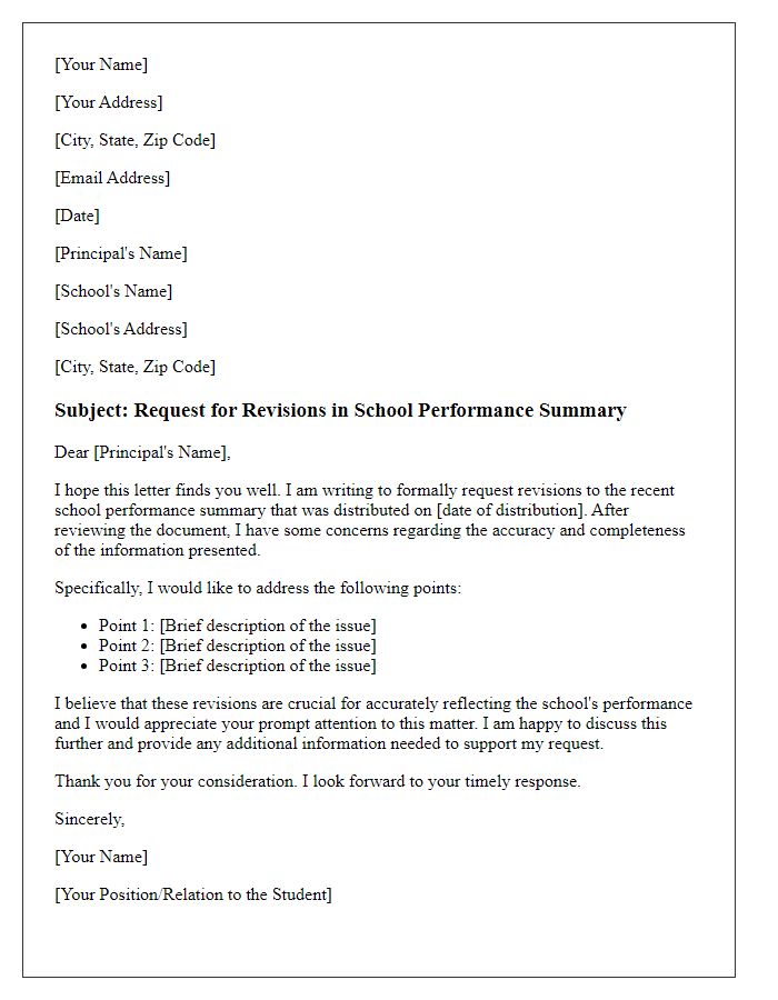 Letter template of demand for revisions in school performance summary.