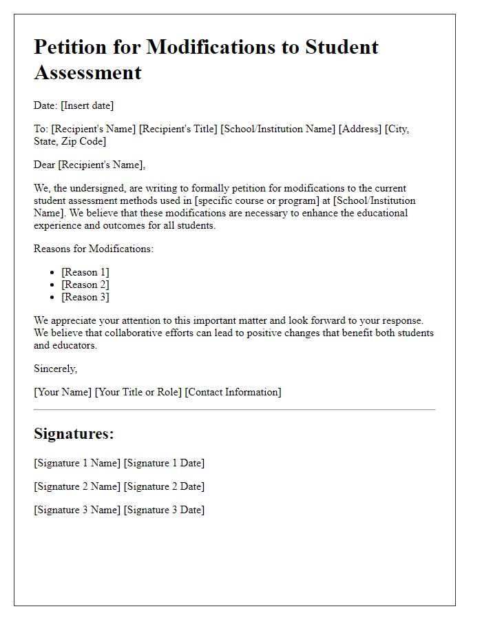 Letter template of petition for modifications to student assessment.