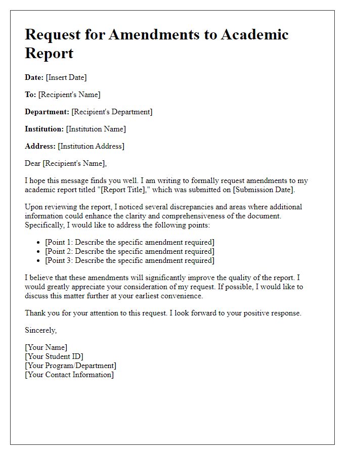 Letter template of request for amendments to academic report.