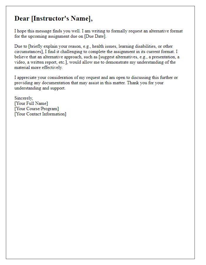 Letter template of appeal for alternative assignment formats.