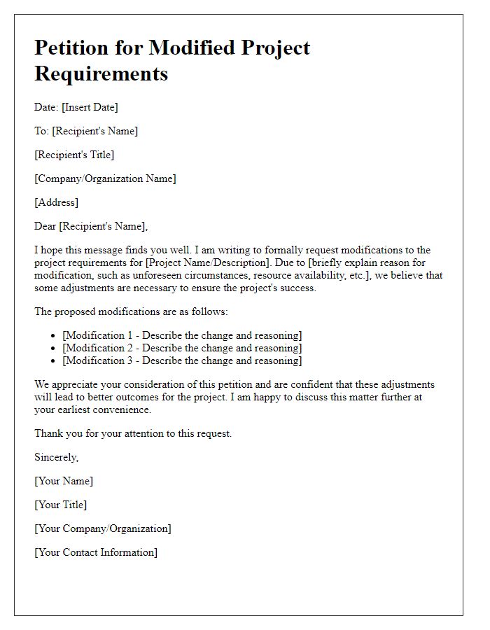 Letter template of petition for modified project requirements.