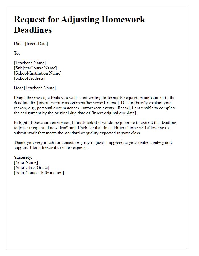 Letter template of request for adjusting homework deadlines.