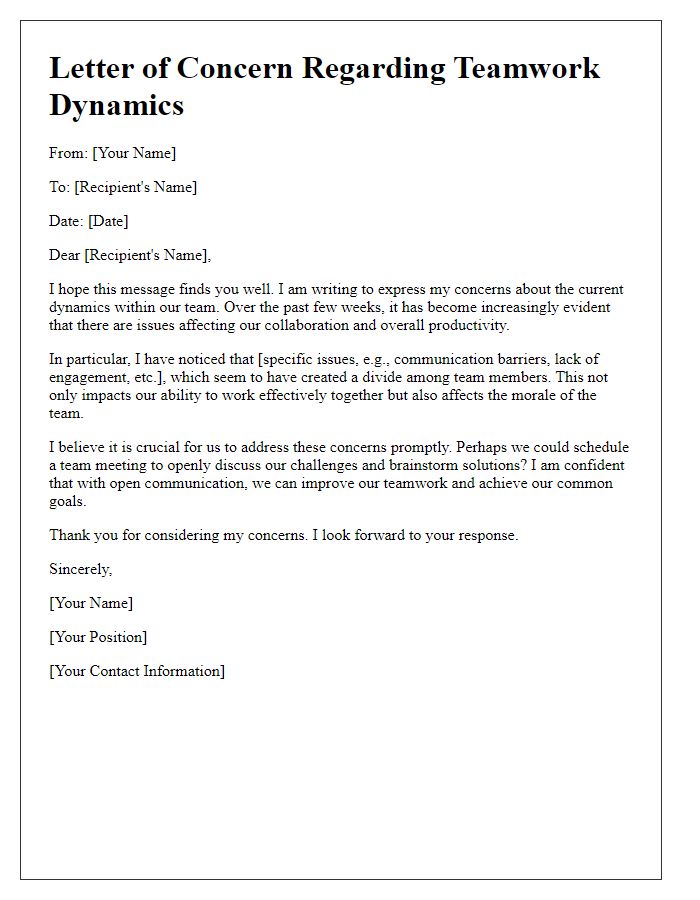 Letter template of expressing concerns about teamwork dynamics