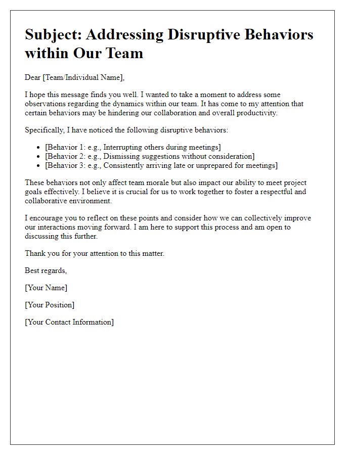 Letter template of highlighting disruptive behaviors among team members