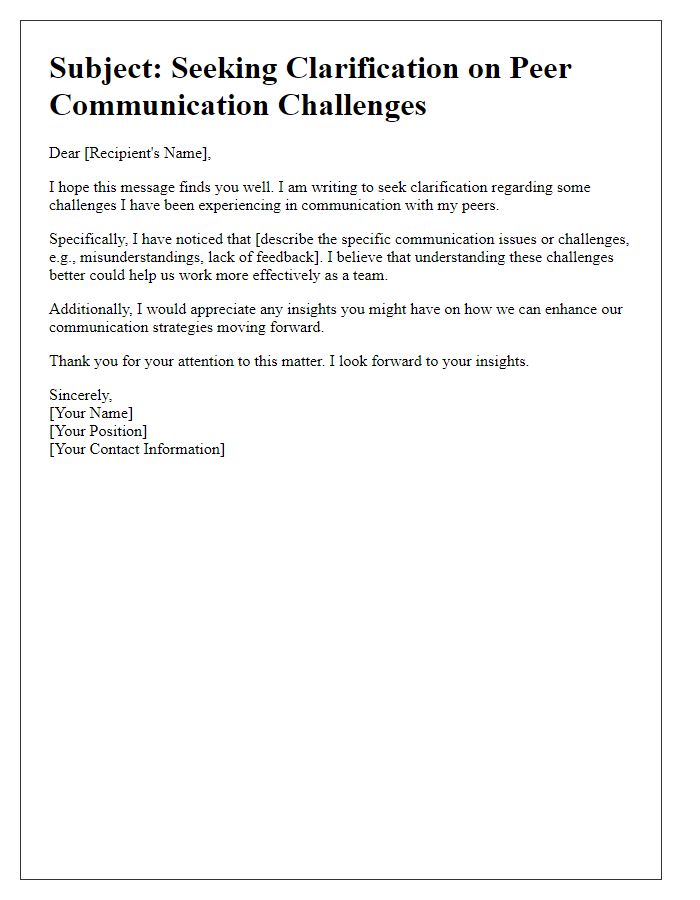 Letter template of seeking clarification on peer communication challenges