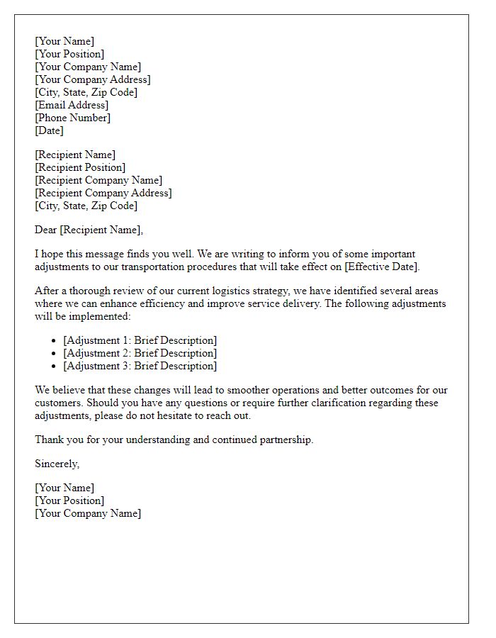 Letter template of adjustments in transportation procedures.