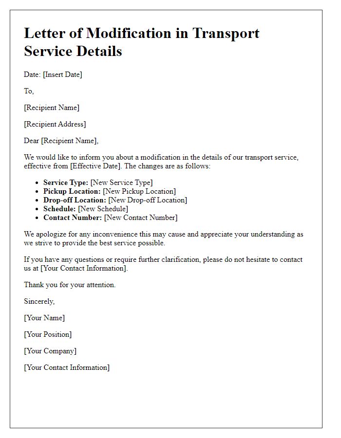 Letter template of modification in transport service details.