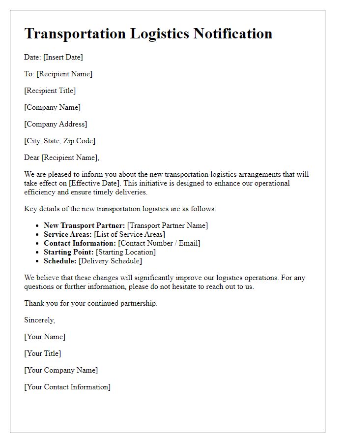 Letter template of new transportation logistics notification.