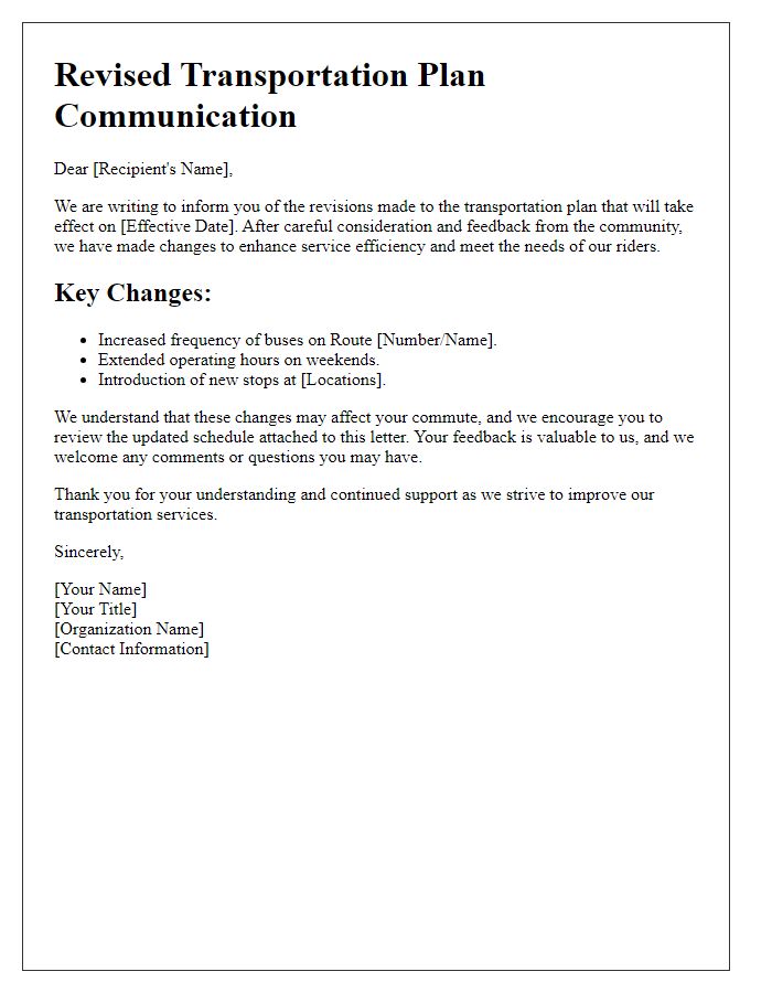 Letter template of revised transportation plan communication.