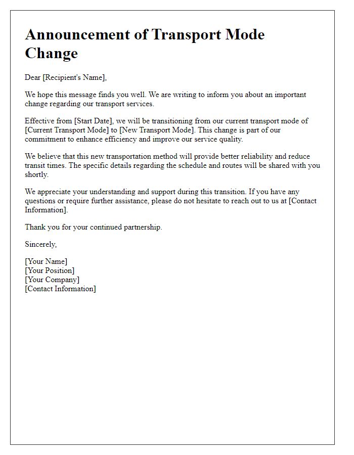 Letter template of transport mode change announcement.