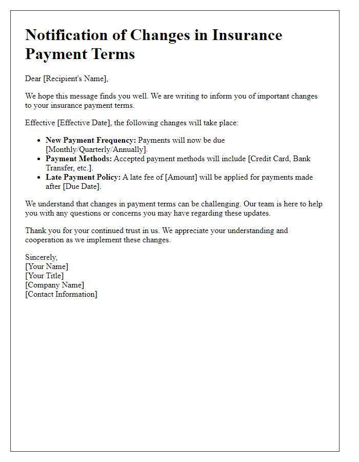 Letter template of notification for changes in insurance payment terms