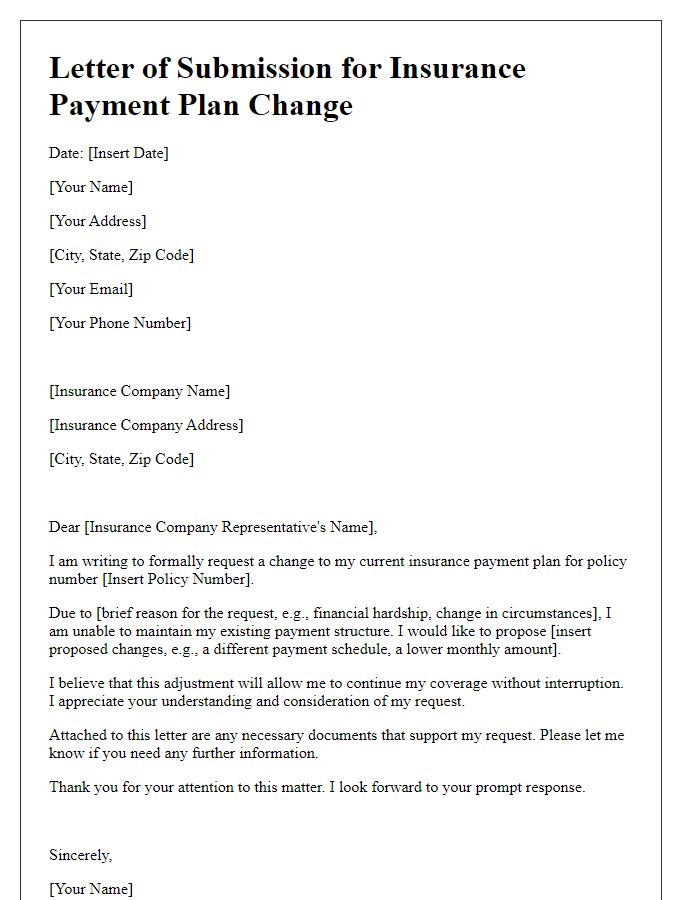 Letter template of submission for insurance payment plan change